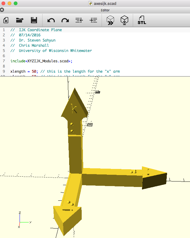 Picture of a coordinate axes OpenSCAD screen.