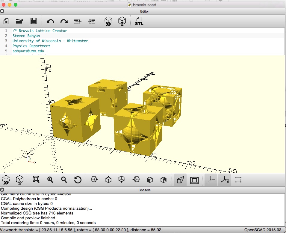 Screenshot of  OpenSCAD with lattice cubes.